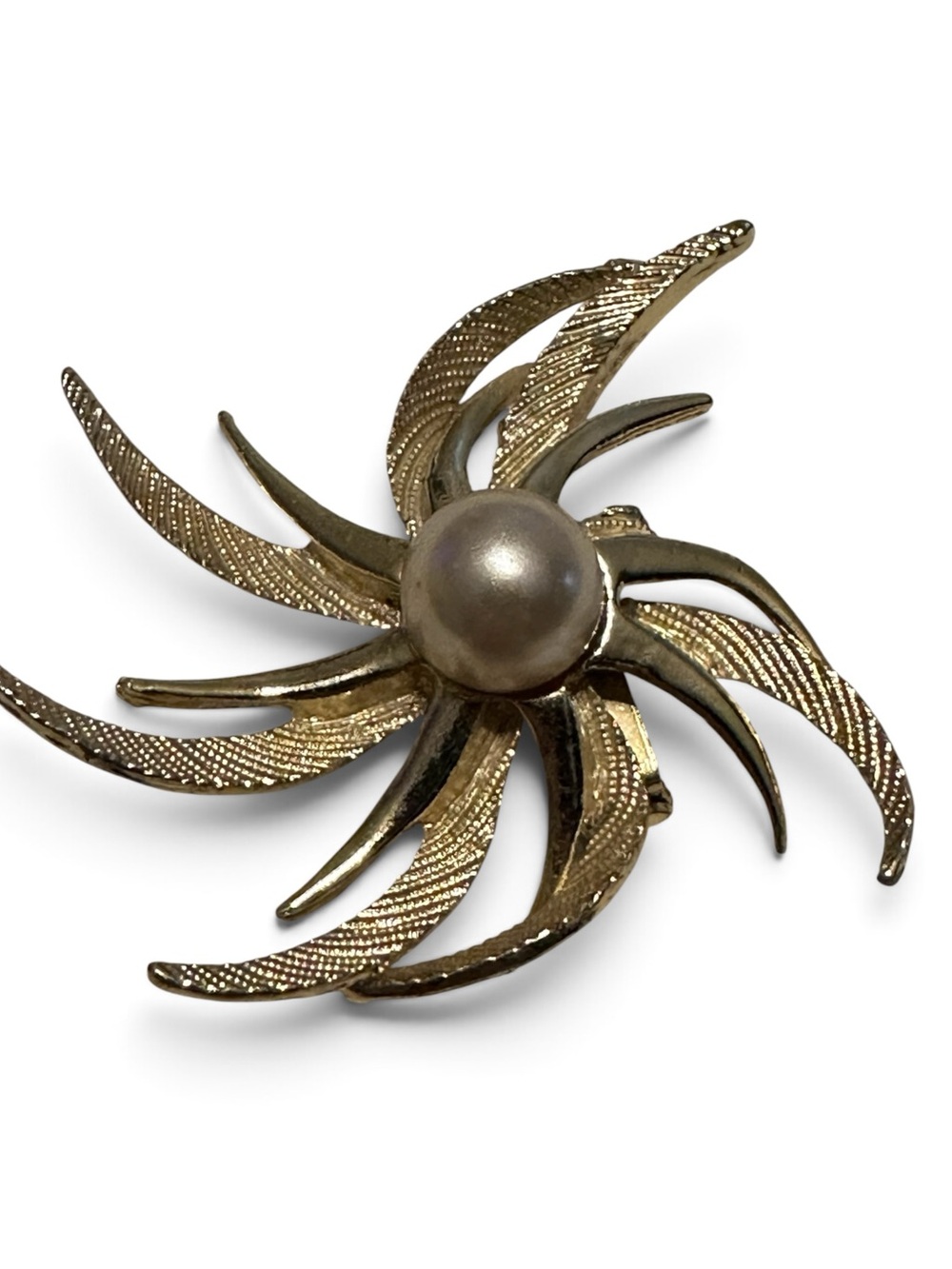 Vintage Gold Tone Starburst Faux Pearl Brooch
